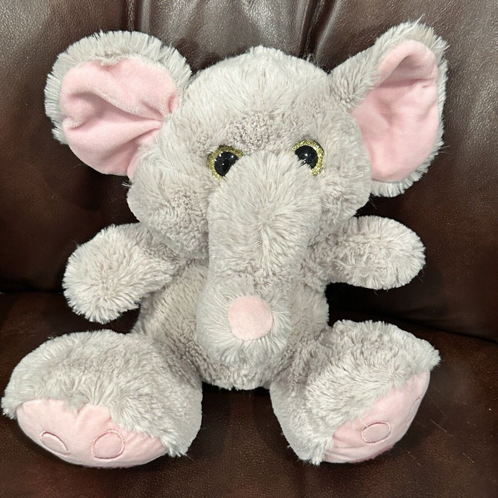 HUGFUN Baby Elephant Plush Gray Pink‎ Ears Feet 12" Soft Sparkly Eyes Soft Clean